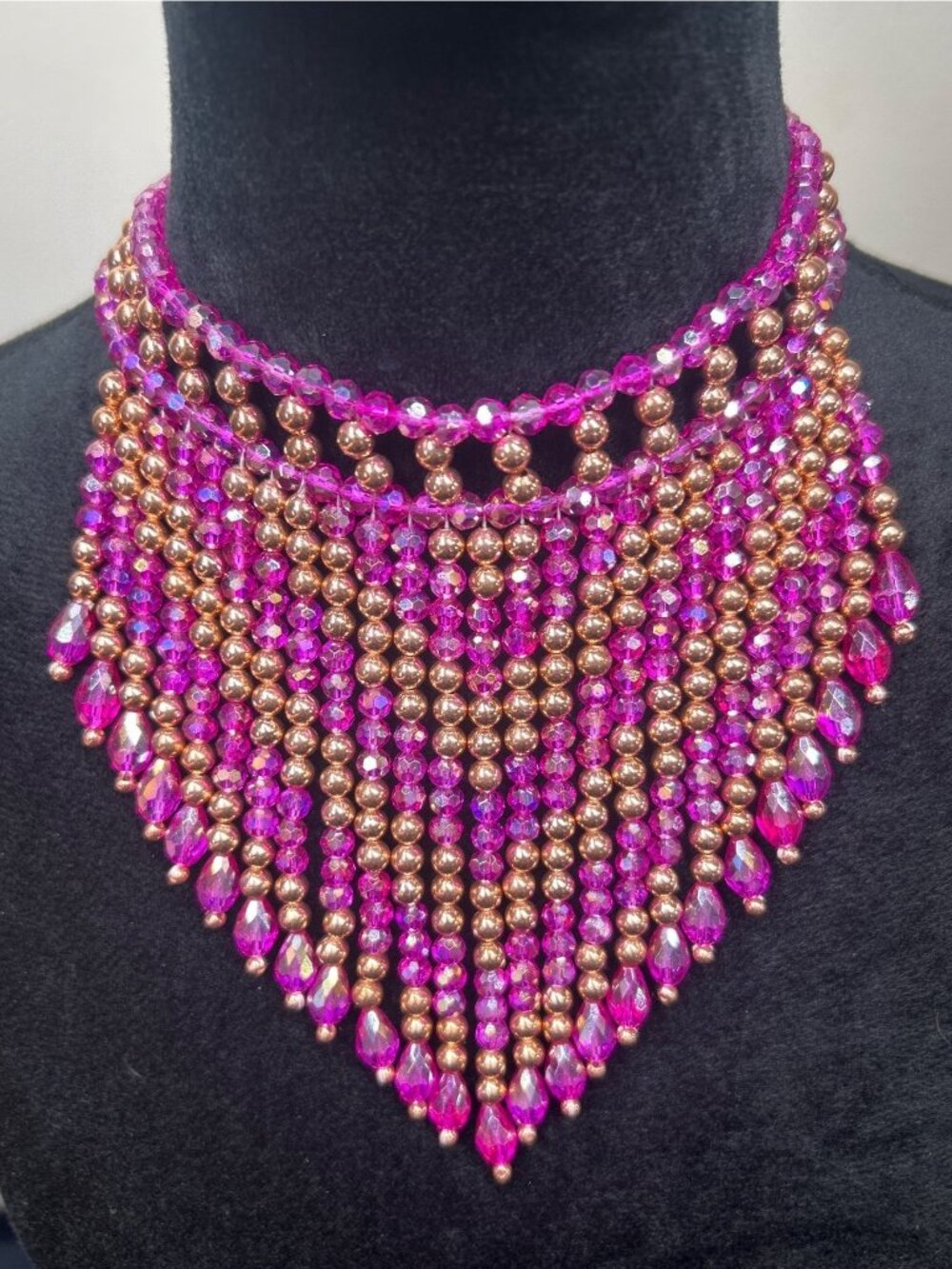 Pink Gold Tone Beaded Fringe Statement Necklace Art Deco Beaded Bib Waterfall